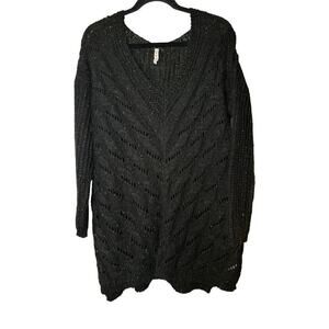Pol Women's V-Neck Long Sleeve Oversized Rib Knit Pullover Sweater Size L Black